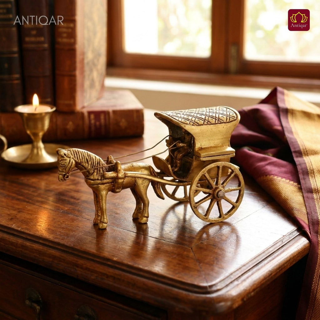 Brass Horse Cart Showpiece – 7.5 cm | Single Horse with Carved Roof | Antique Golden Finish | Handcrafted Decor for Festival, Temple & Home