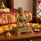 Brass Saraswati Ji Idol - 7cm | Antique Golden Finish | Spritual use for Home, Temple & Car dashboard Decor