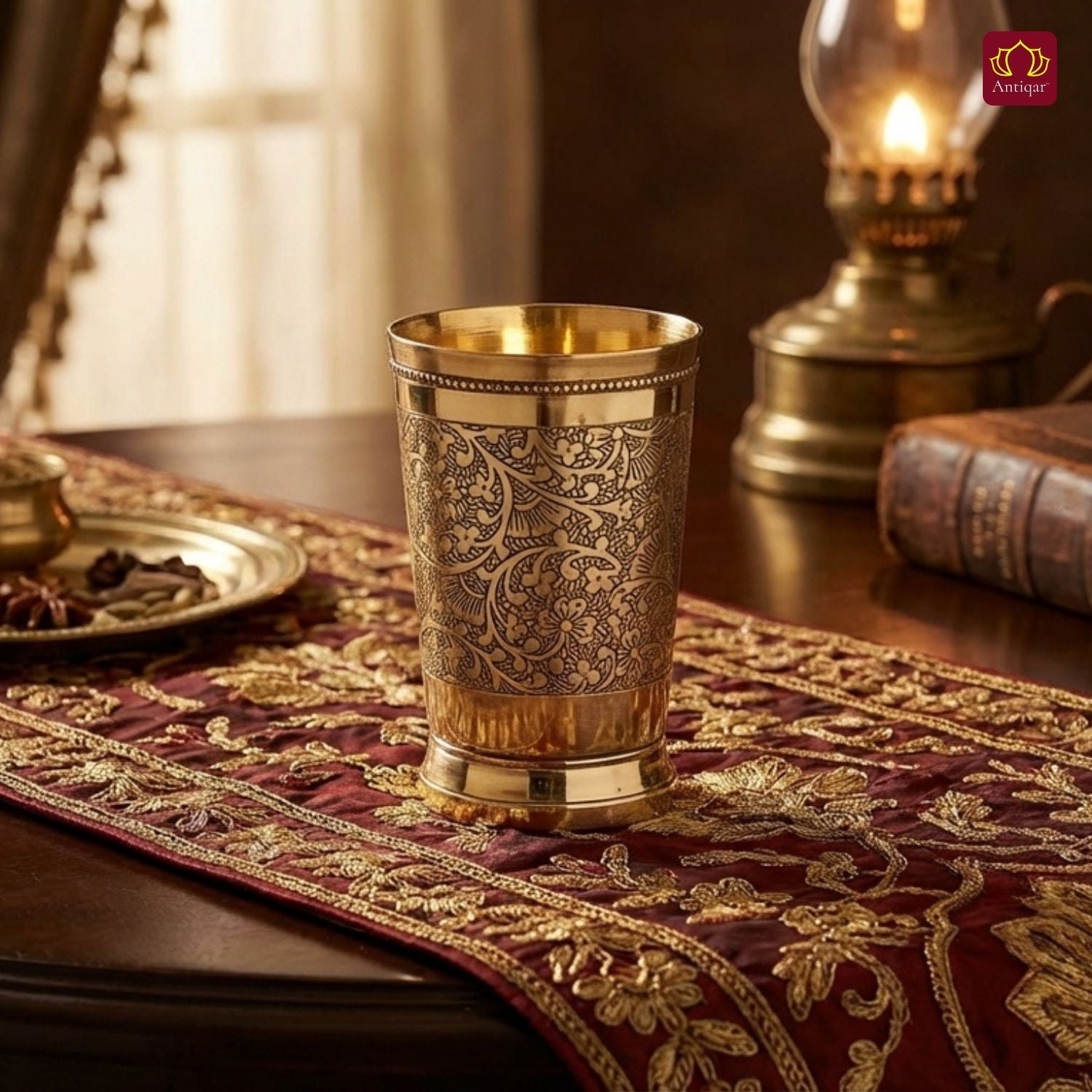 Brass Etching Design Glass - 10.5cm | Serve water & Milks | Antique Golden Finish | Traditional Mughlai Style use for serving in Kitchen, Festivals and Restaurents