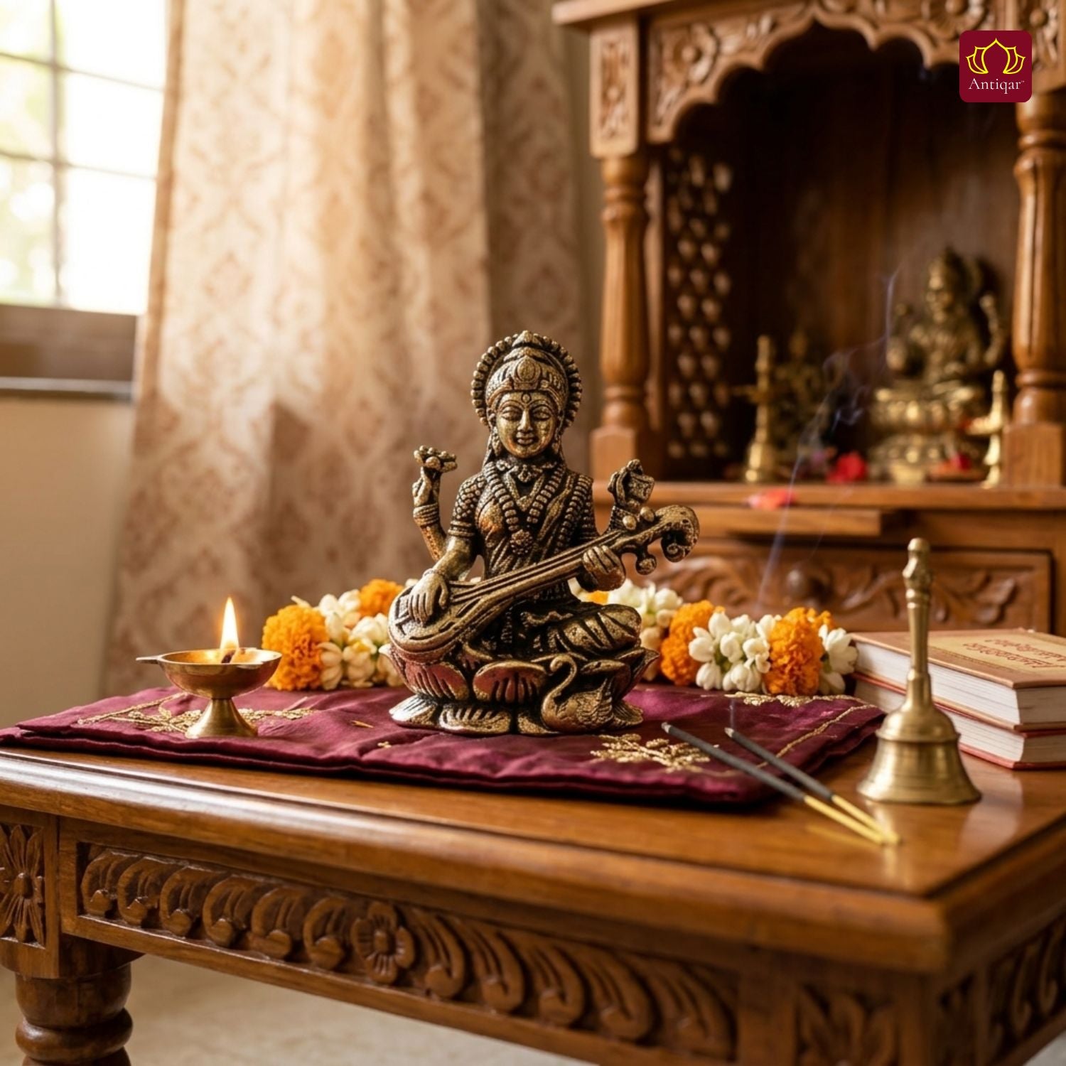Brass Miniature Saraswati Ji Idol - 3cm | Antique Finish | Spritual use for Home, Temple & Car Dashboard Decor