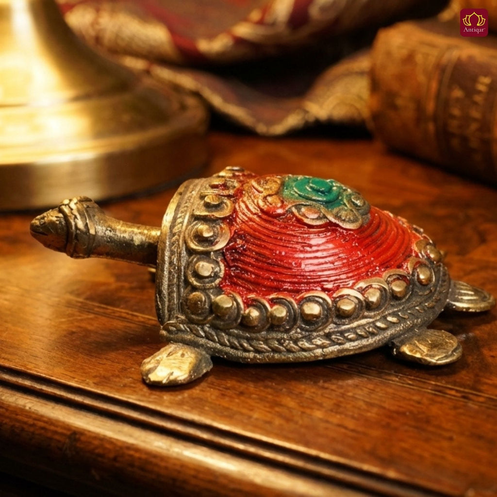 Dhokra Art Brass Turtle – 3 cm | Red Antique Finish | Tribal Handcrafted Showpiece for Temple, Home & Table Decor