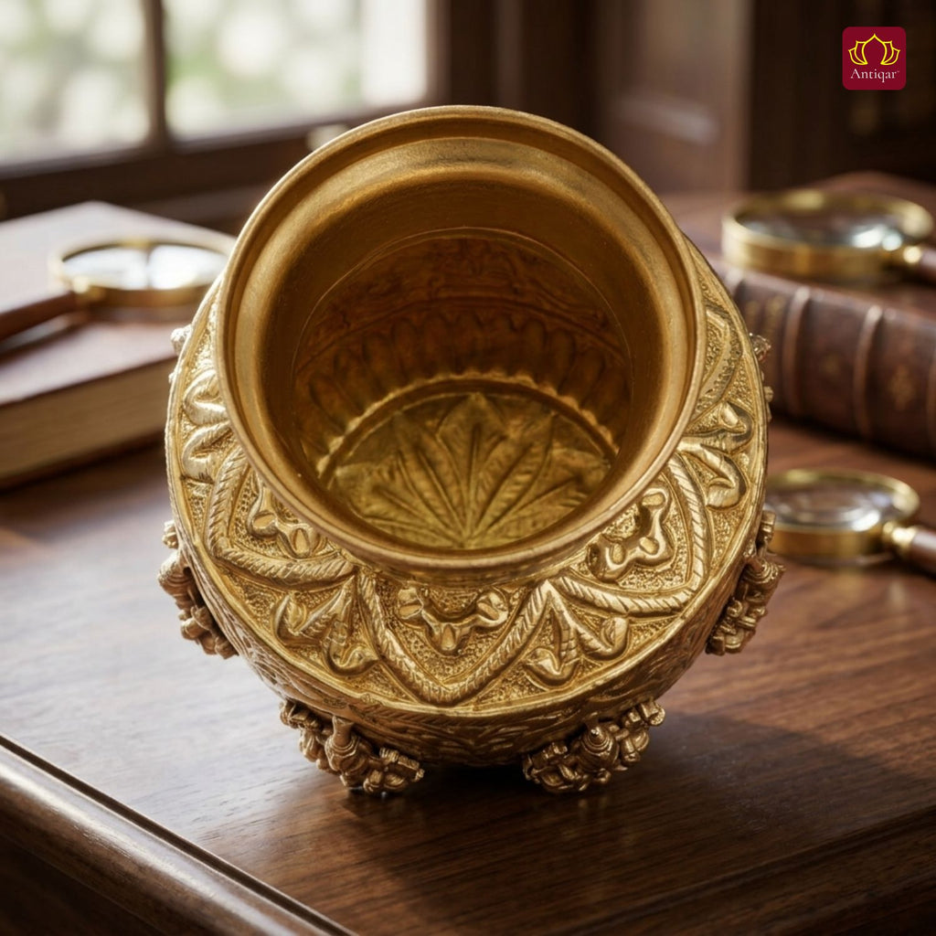 Brass Ashta Lakshmi Kalash - 11.5cm | Antique Yellow Finish | Spritual use for Pooja, Temple & Festival Decor