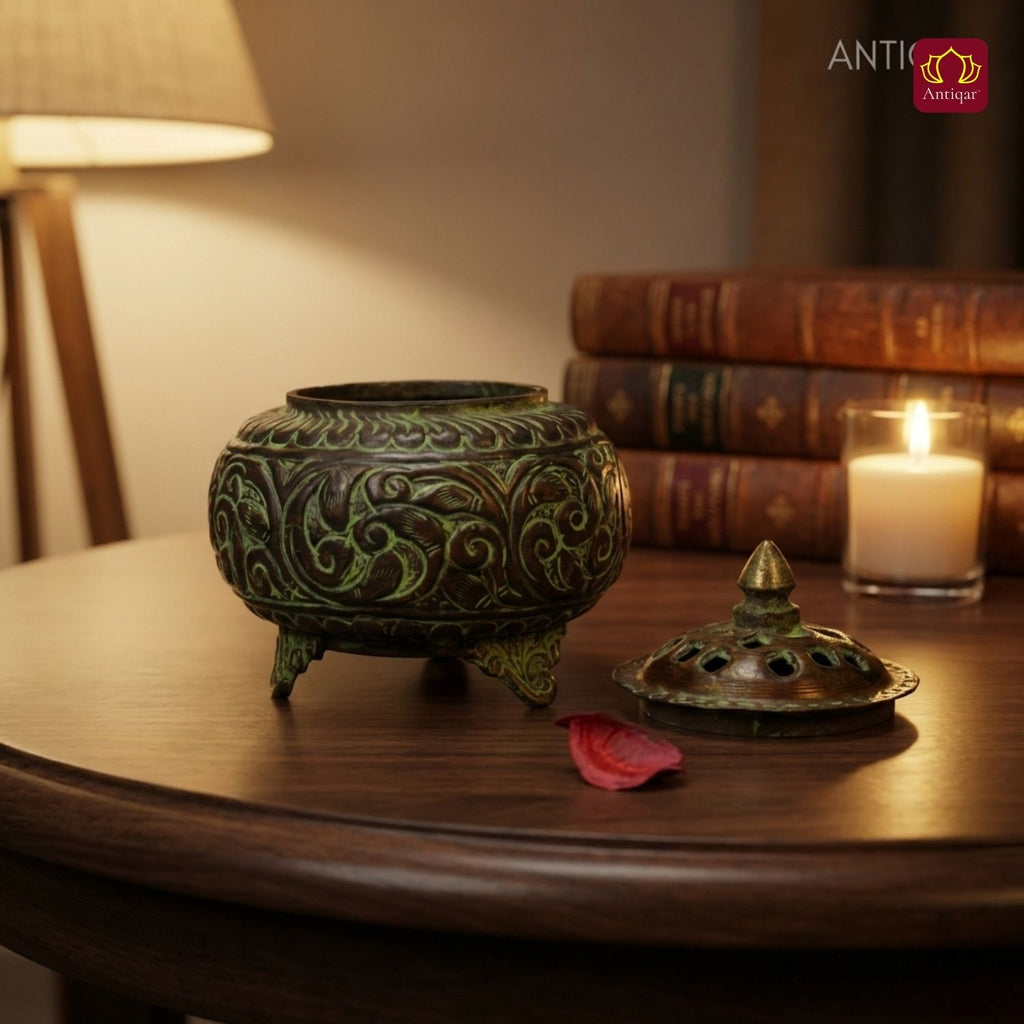 Brass Tibetan Incense Burner - 10cm | Green Patina Finish | Decorative Vessel use for Meditation , Rituals & Aromatherapy