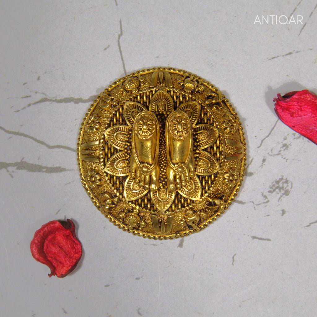 Designer Brass Charan Paduka –2.5 cm | Yellow Antique Finish | Handcrafted Spiritual Symbol for Temple & Home Decor