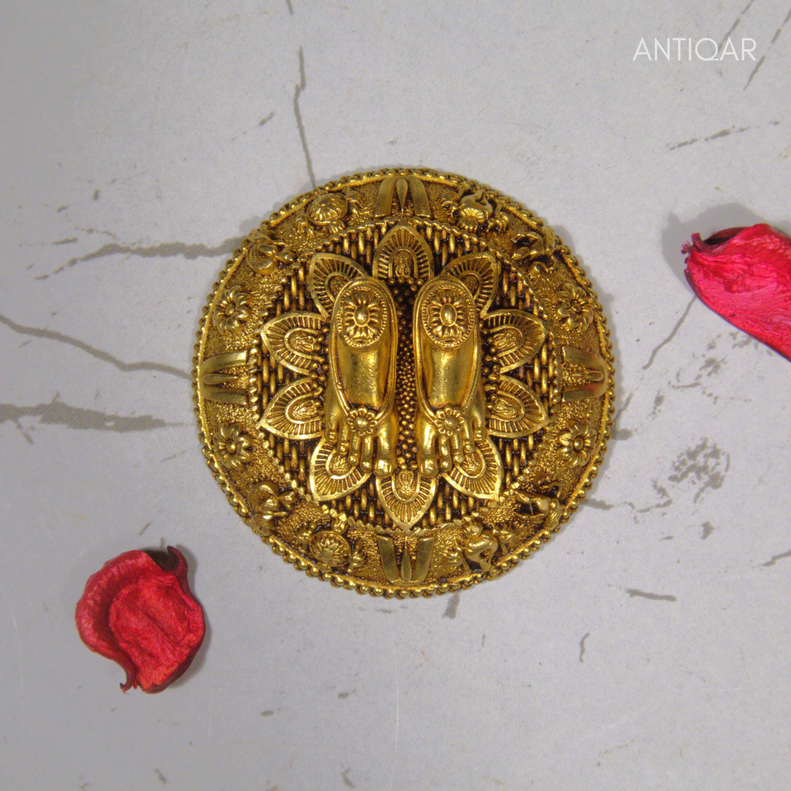 Designer Brass Charan Paduka –2.5 cm | Yellow Antique Finish | Handcrafted Spiritual Symbol for Temple & Home Decor