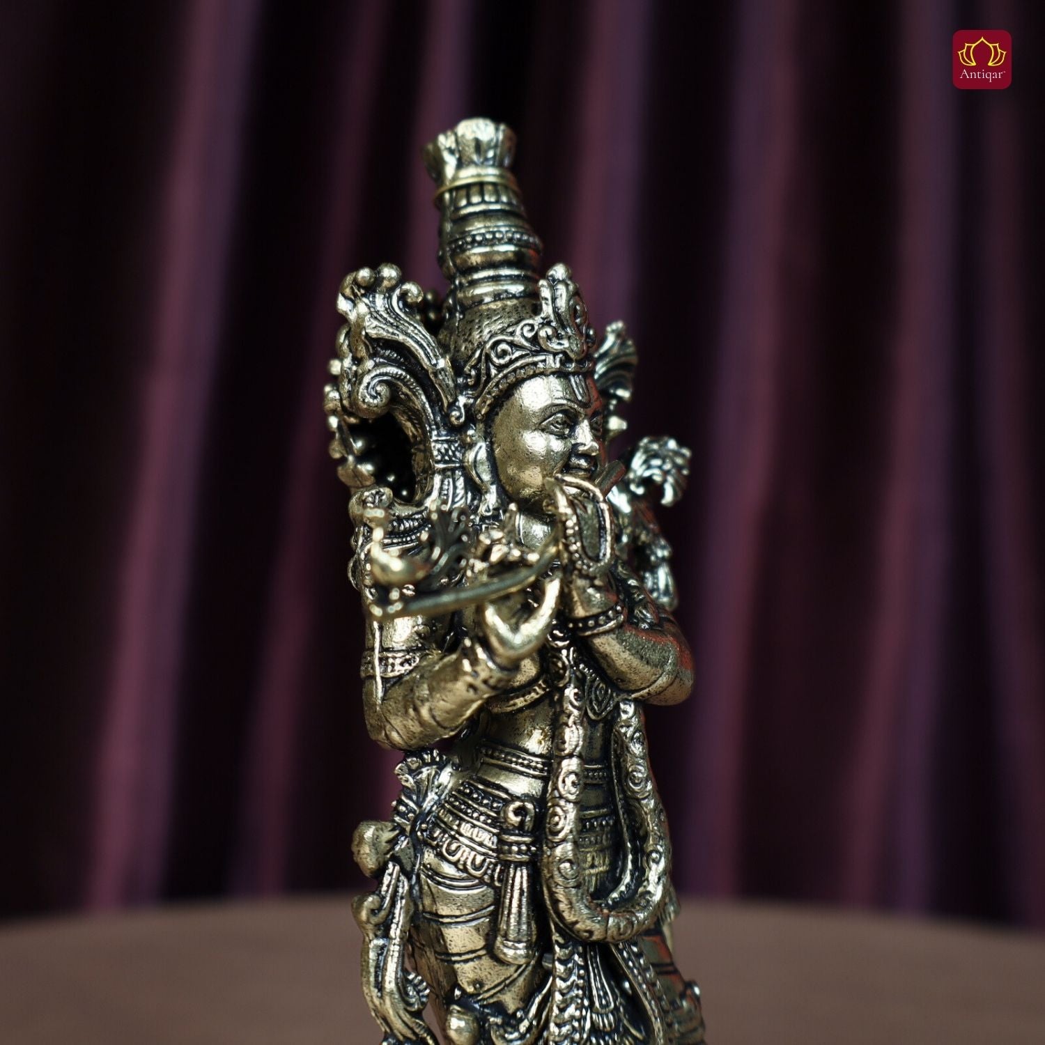 Brass Lord Krishna Idol Playing with Flute - 15cm | Antique Finish | Handcrafted Artwork | Home & Office Decor | Ideal for Gifting & Spiritual Blessings