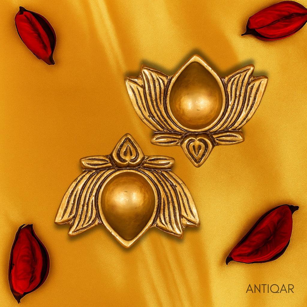 Brass Lotus Diya -2cm | Antique Golden Finish | Handcrafted for Pooja Temple & Festival Decor (Set of 2)