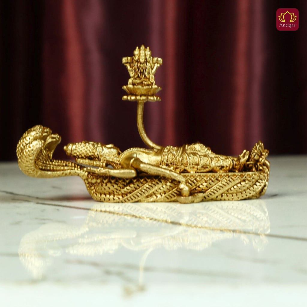 Brass Padmanabha Swamy Idol(Shesha-Shayi Lord Vishnu) - 5cm | Antique Finish | Spiritual Idol for Temple, Home & Car Dashboard Decor