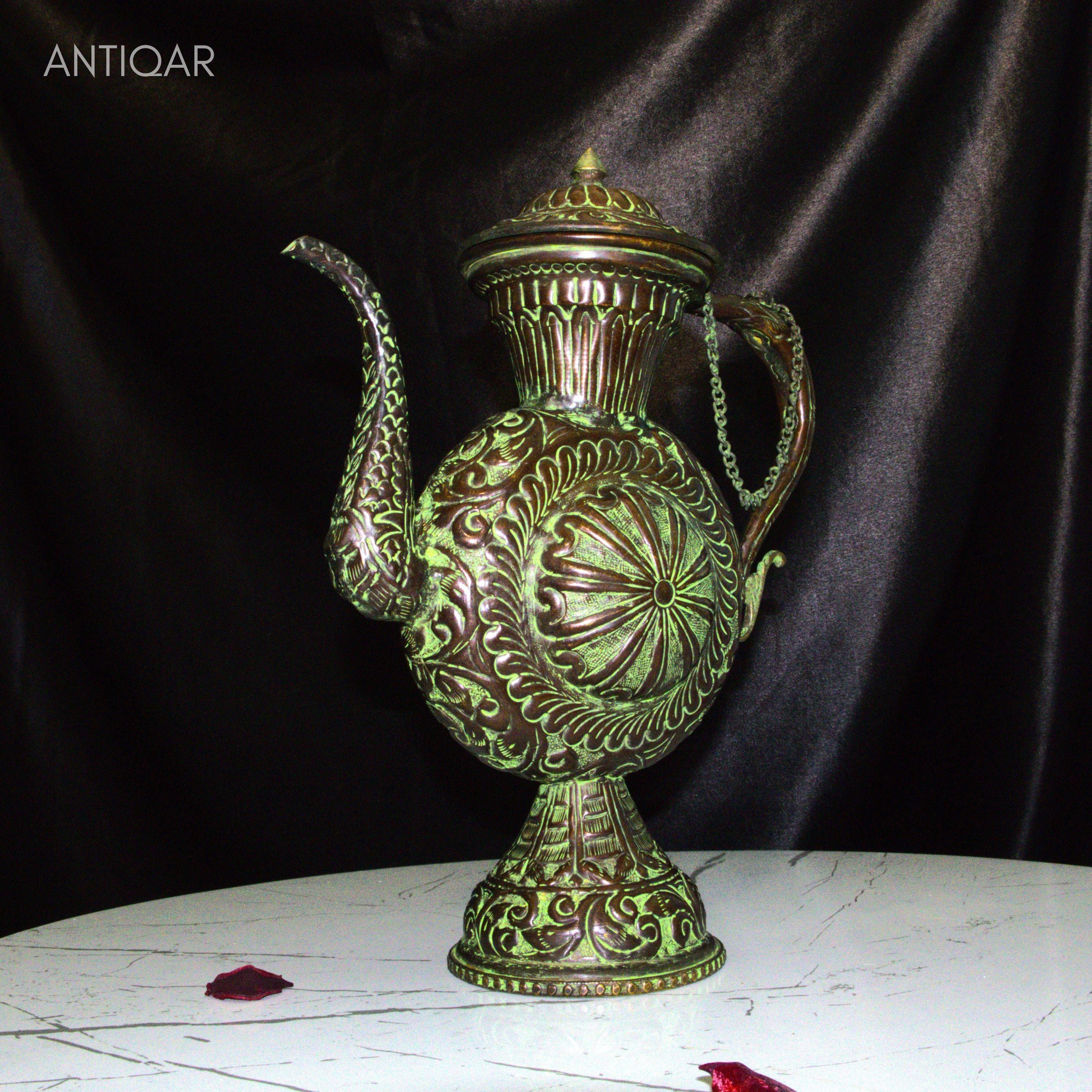 Antique Brass Tea & Coffee Kettle - 29cm | Green Patina Finish | Vintage  Mughlai Style use in Home,Office & Restaurant Decor