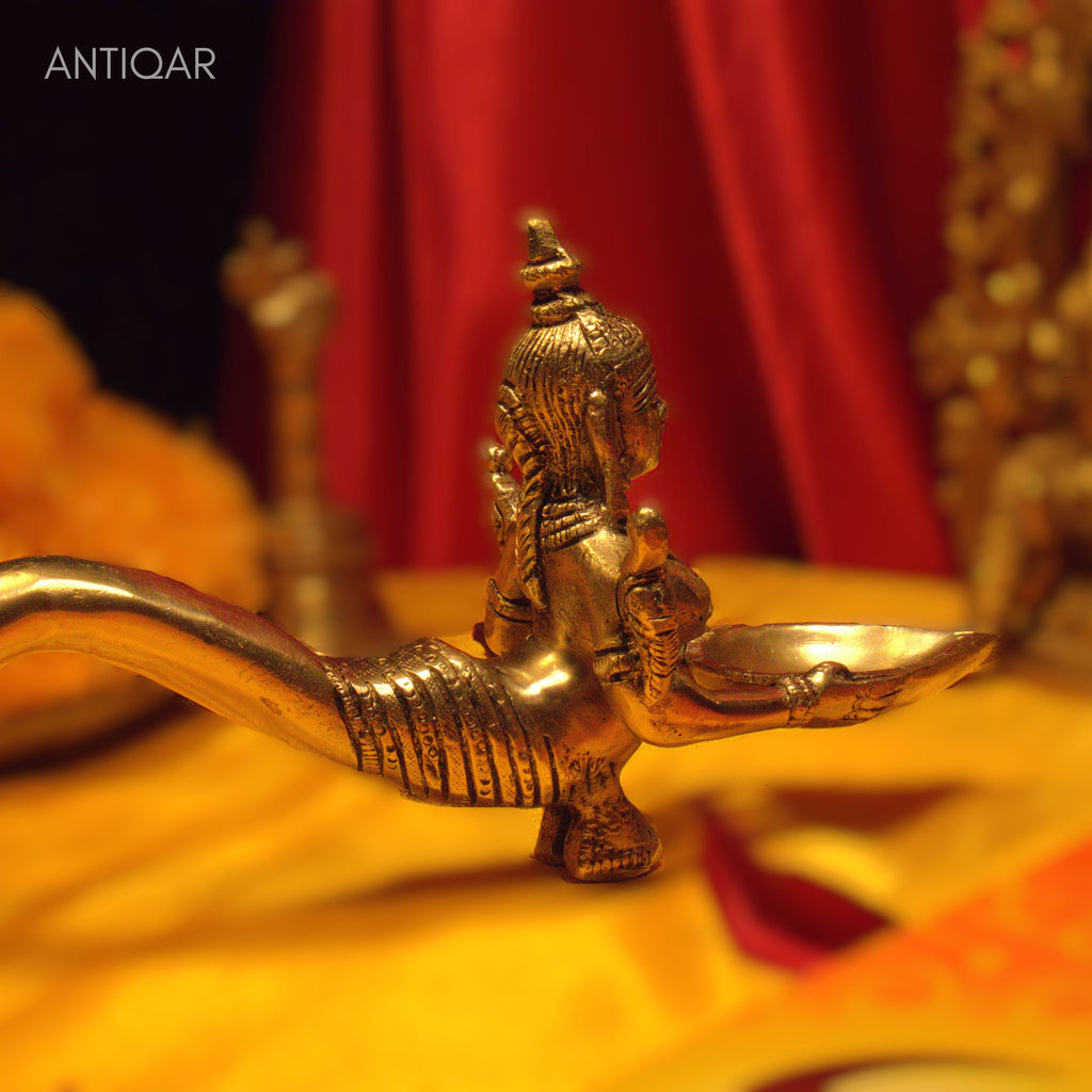 Brass Mermaid (Jalpari) Design Aarti Diya with Handle - 11cm | Antique Finish | Handcrafted item for Temple, Festive & Spritual Use