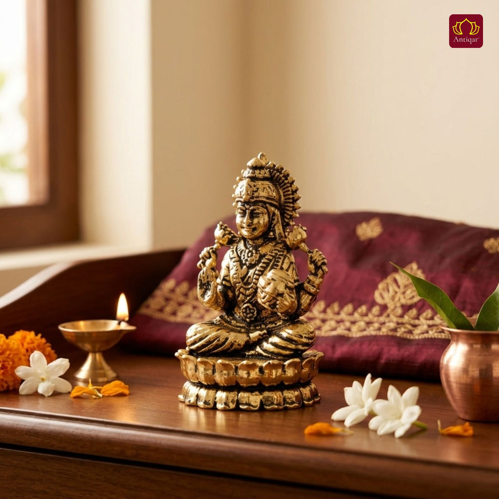 Brass Lakshmi JI Idol - 4cm | Golden Finish | Spiritual Decor for Temple, Home & Car Dashboard