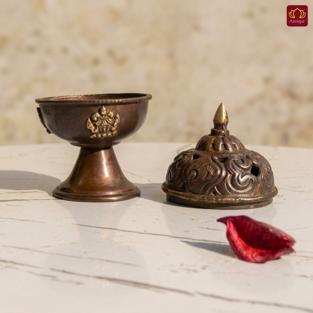 Antique Brass Tibetan Incense Burner - 11cm | Antique Patina Finish | Decorative Vessel use for Meditation , Rituals & Aromatherapy