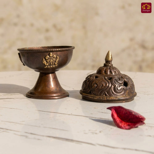Antique Brass Tibetan Incense Burner - 11cm | Antique Patina Finish | Decorative Vessel use for Meditation , Rituals & Aromatherapy