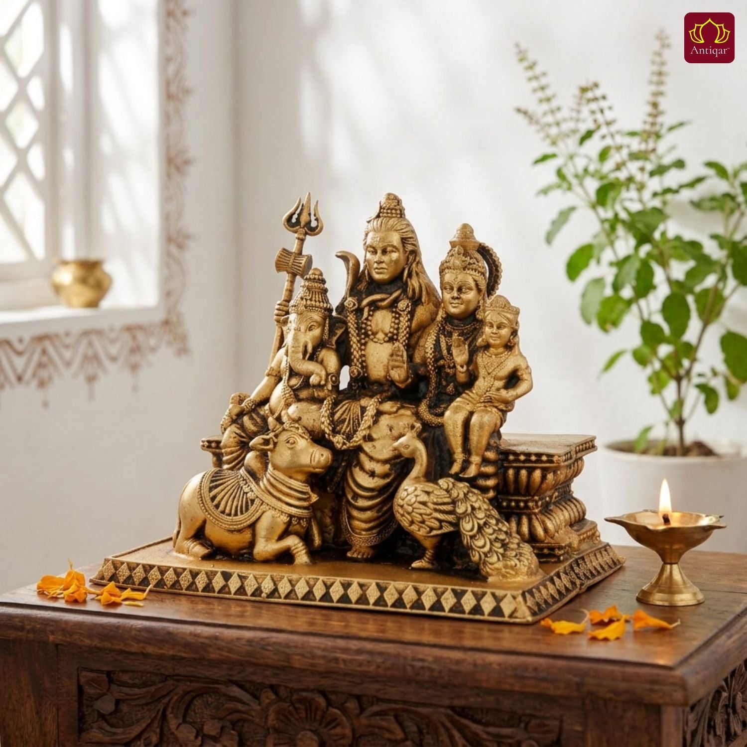Brass Shiv Parivar Idol - 8cm | Antique Golden Finish | Spiritual Idol for Temple & Home Decor