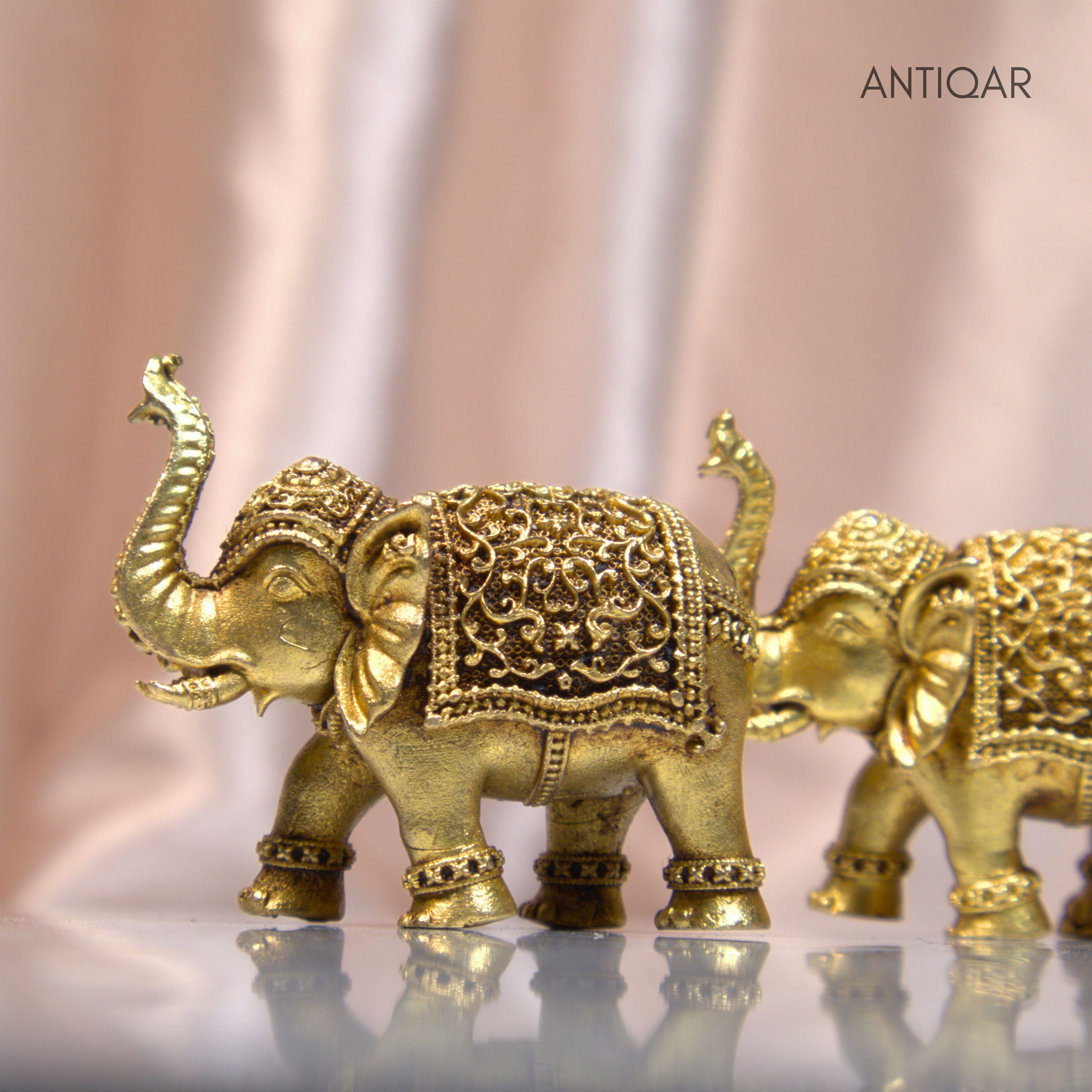 Brass Elephant Pair Showpiece in Vintage Design - 3.5cm | Antique Golden Finish | Decorative Figurines for Temple, Home & Office (Pack of 2)