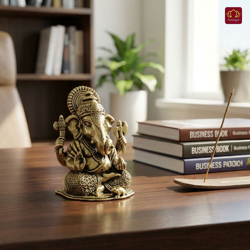 Brass Ganesh Idol - 5.5cm | Antique Finish | Spritual use for Home, Temple & Car dashboard Decor