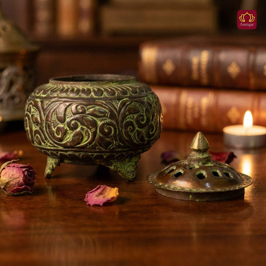 Brass Tibetan Incense Burner - 10cm | Green Patina Finish | Decorative Vessel use for Meditation , Rituals & Aromatherapy