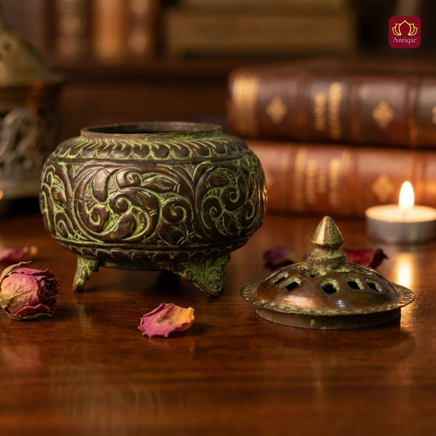Brass Tibetan Incense Burner - 10cm | Green Patina Finish | Decorative Vessel use for Meditation , Rituals & Aromatherapy