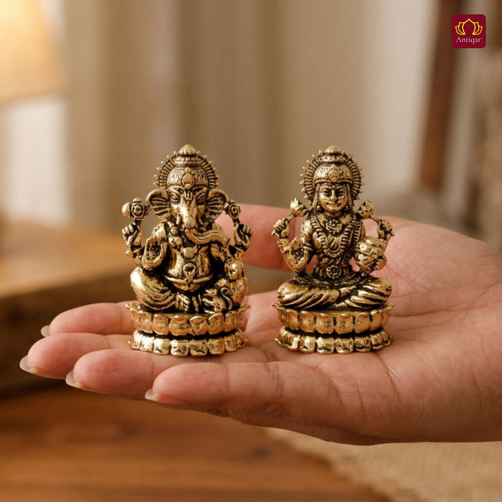 Brass Ganesh Laxmi Pair Idol -4 cm | Golden Finish | Spiritual Idol for Temple & Home Decor