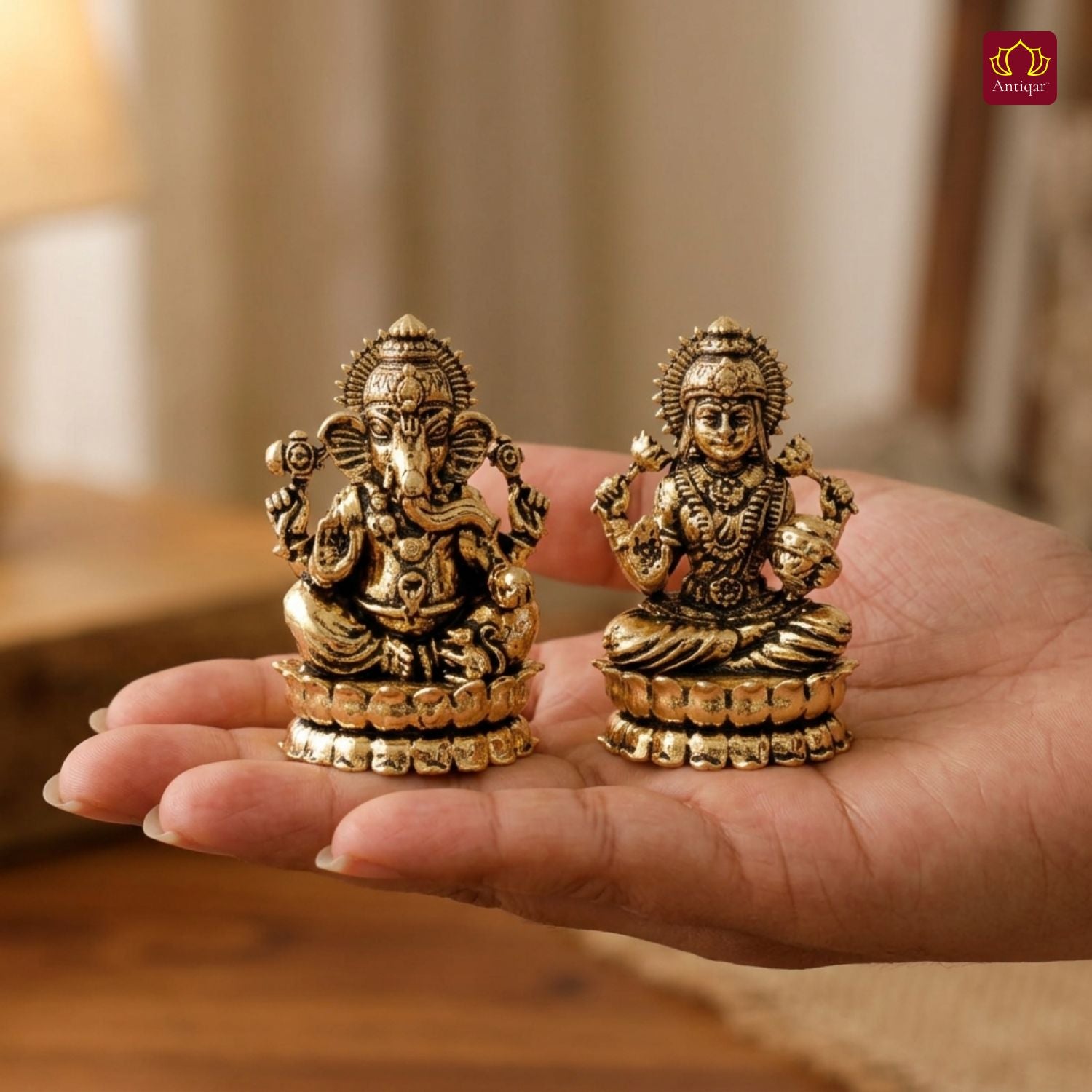 Brass Ganesh Laxmi Pair Idol -4 cm | Golden Finish | Spiritual Idol for Temple & Home Decor