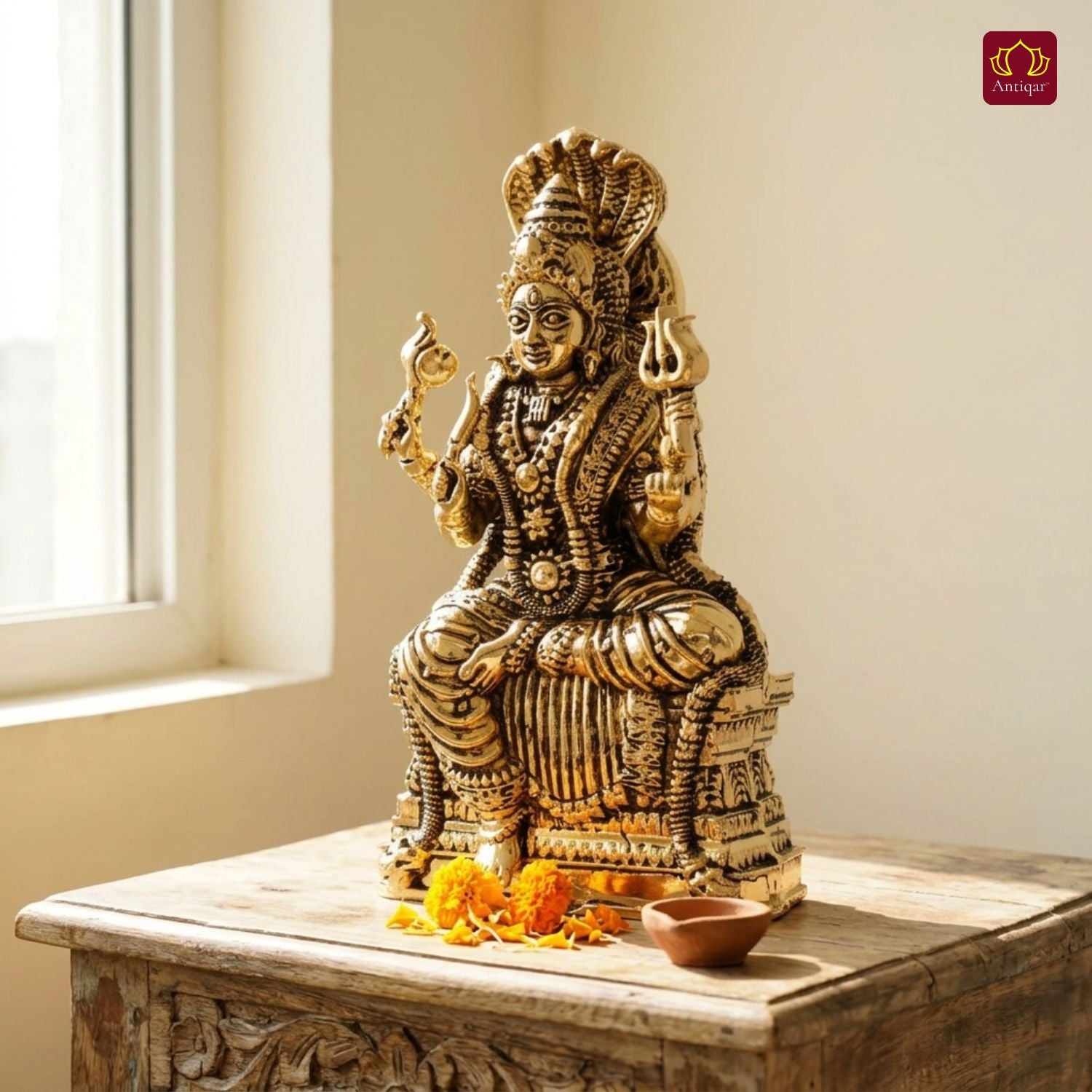 Brass Kurmuri Mariamman Idol – 7.5 cm | Golden Finish | Spiritual Use for Home, Temple & Car Dashboard Decor