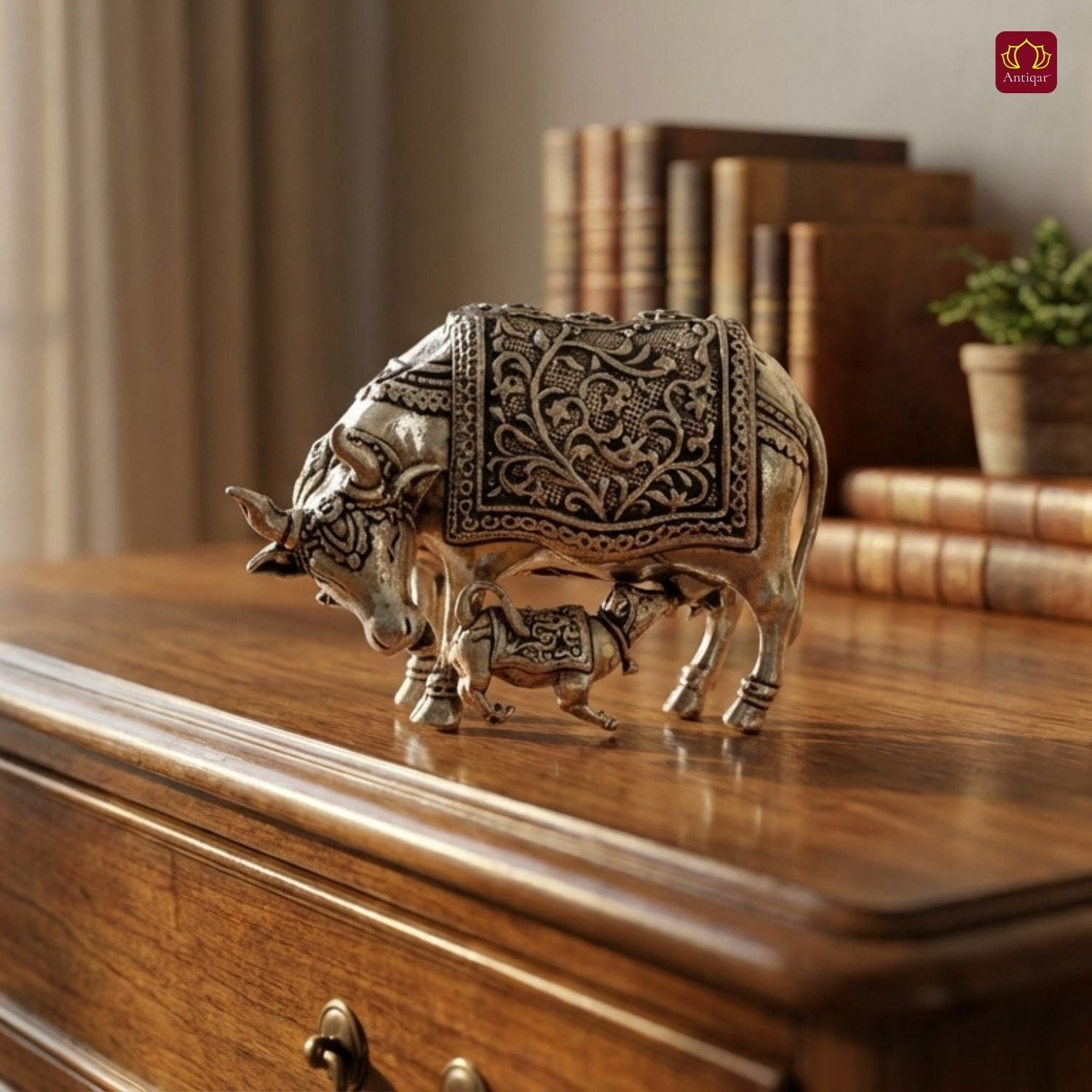 Brass Kamdhenu Cow & Calf Figurine - 5.5cm | Antique Finish | Spritual use for Home, Temple & Dashboard Decor