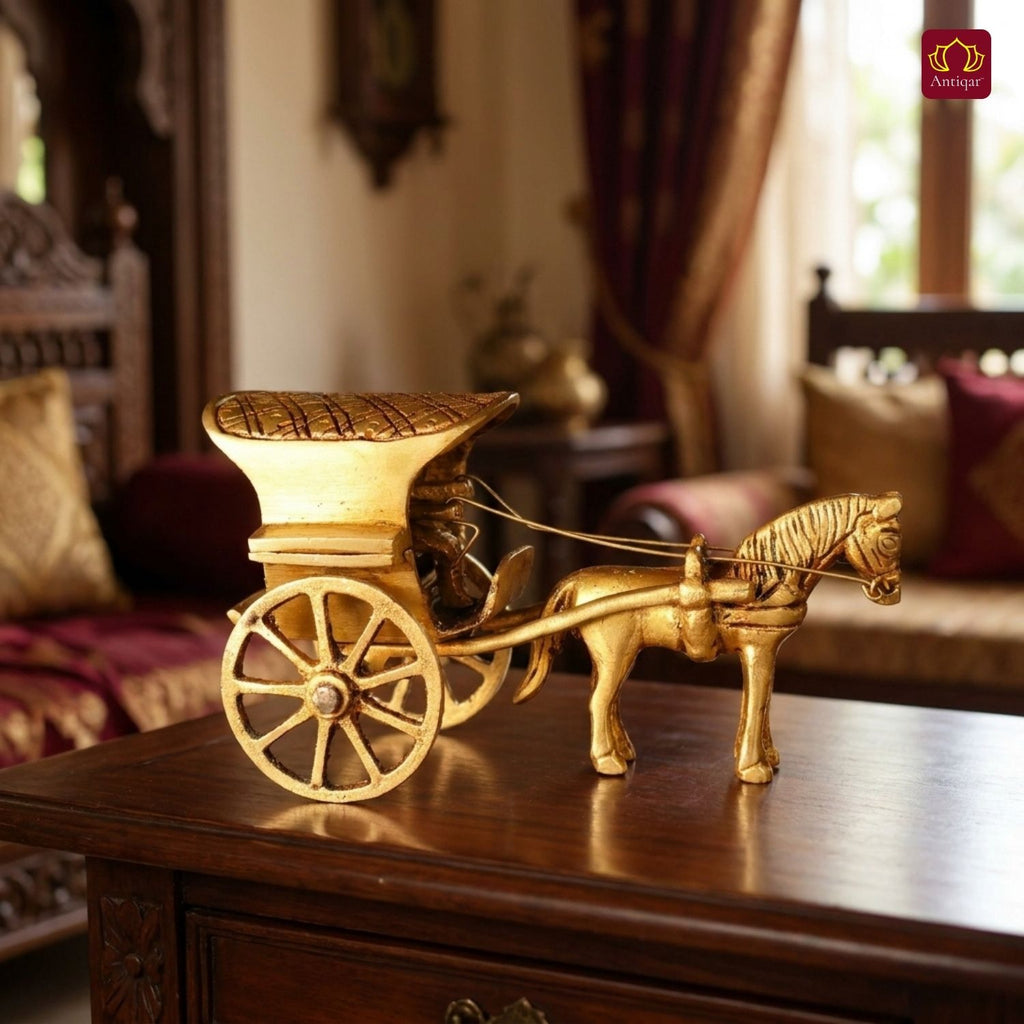 Brass Horse Cart Showpiece – 7.5 cm | Single Horse with Carved Roof | Antique Golden Finish | Handcrafted Decor for Festival, Temple & Home
