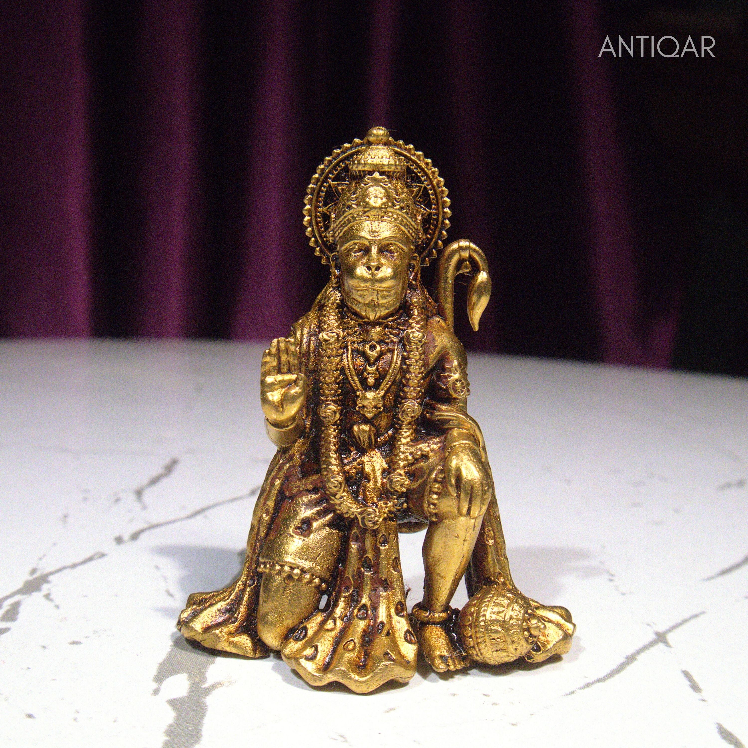Brass Vintage Base Sitting Hanuman Ji Idol – 4cm | Antique Finish | Spiritual Idol for Temple, Home & Car Dashboard Decor