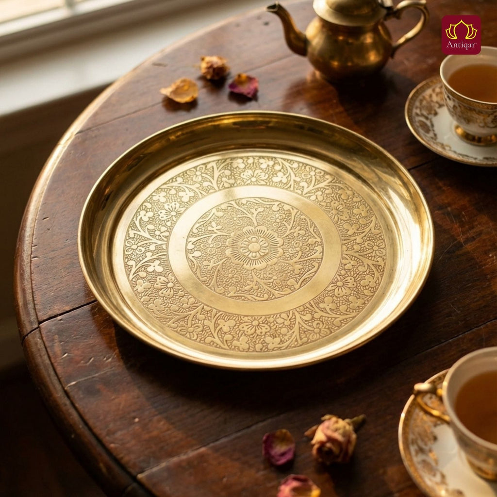 Brass Etching Design Plate - 2cm | Serve Main Course items in Lunch & Dinner | Antique Golden Finish | Traditional Mughlai Style use for serving in Kitchen, Festivals and Restaurents