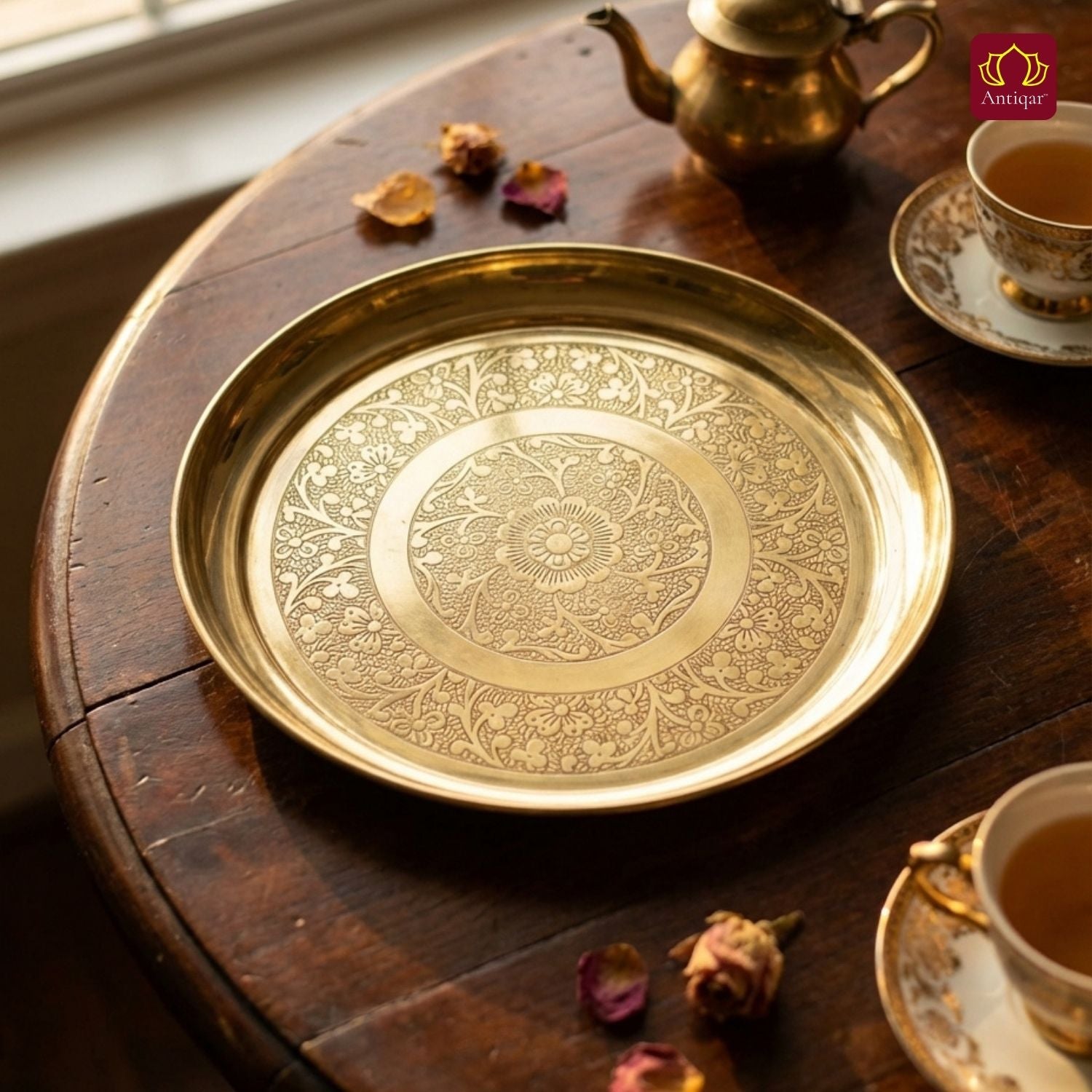 Brass Etching Design Plate - 2cm | Serve Main Course items in Lunch & Dinner | Antique Golden Finish | Traditional Mughlai Style use for serving in Kitchen, Festivals and Restaurents