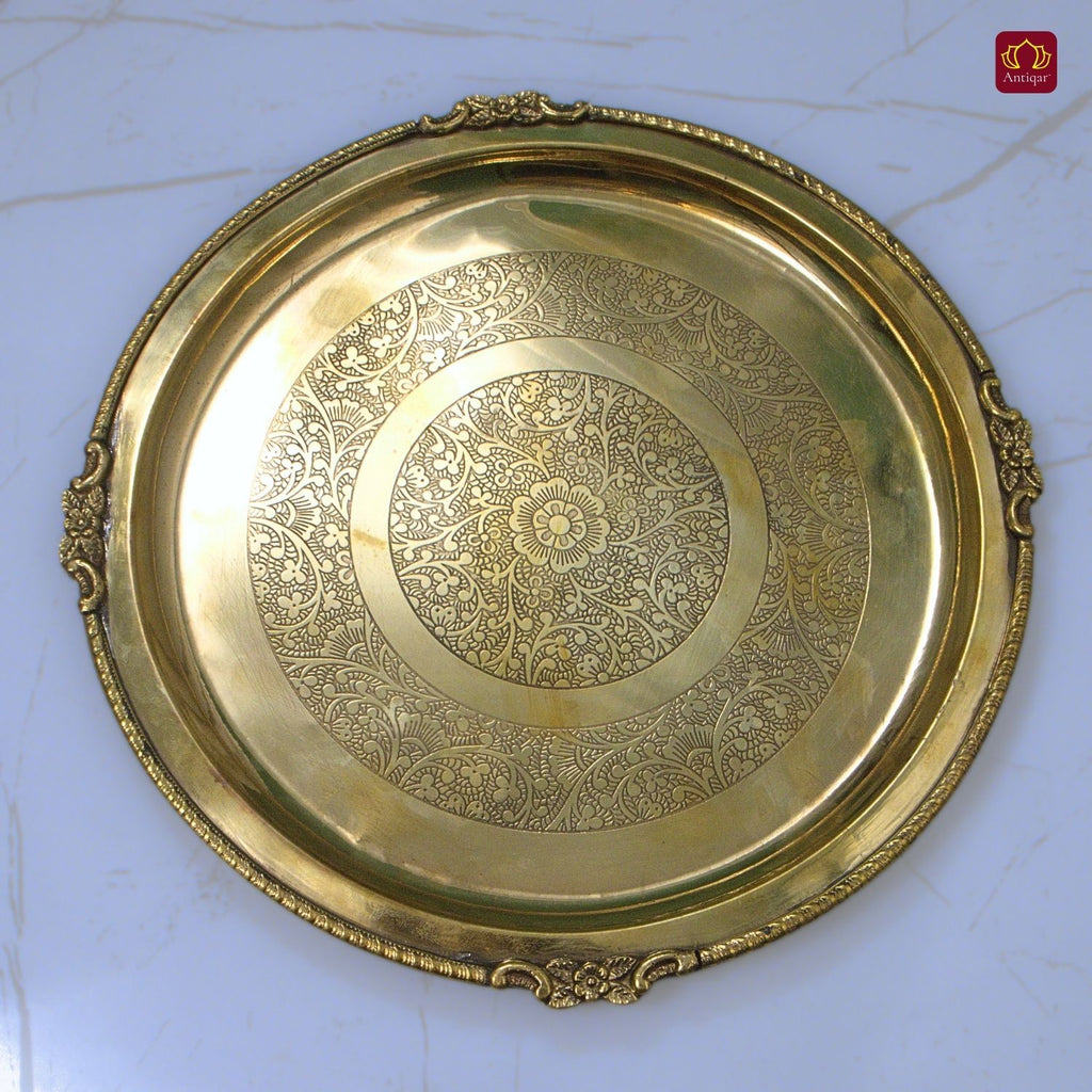 Brass Etching Design Plate - 2.5cm | Antique Golden Finish | Traditional use for Pooja in Temple, Festivals and Home