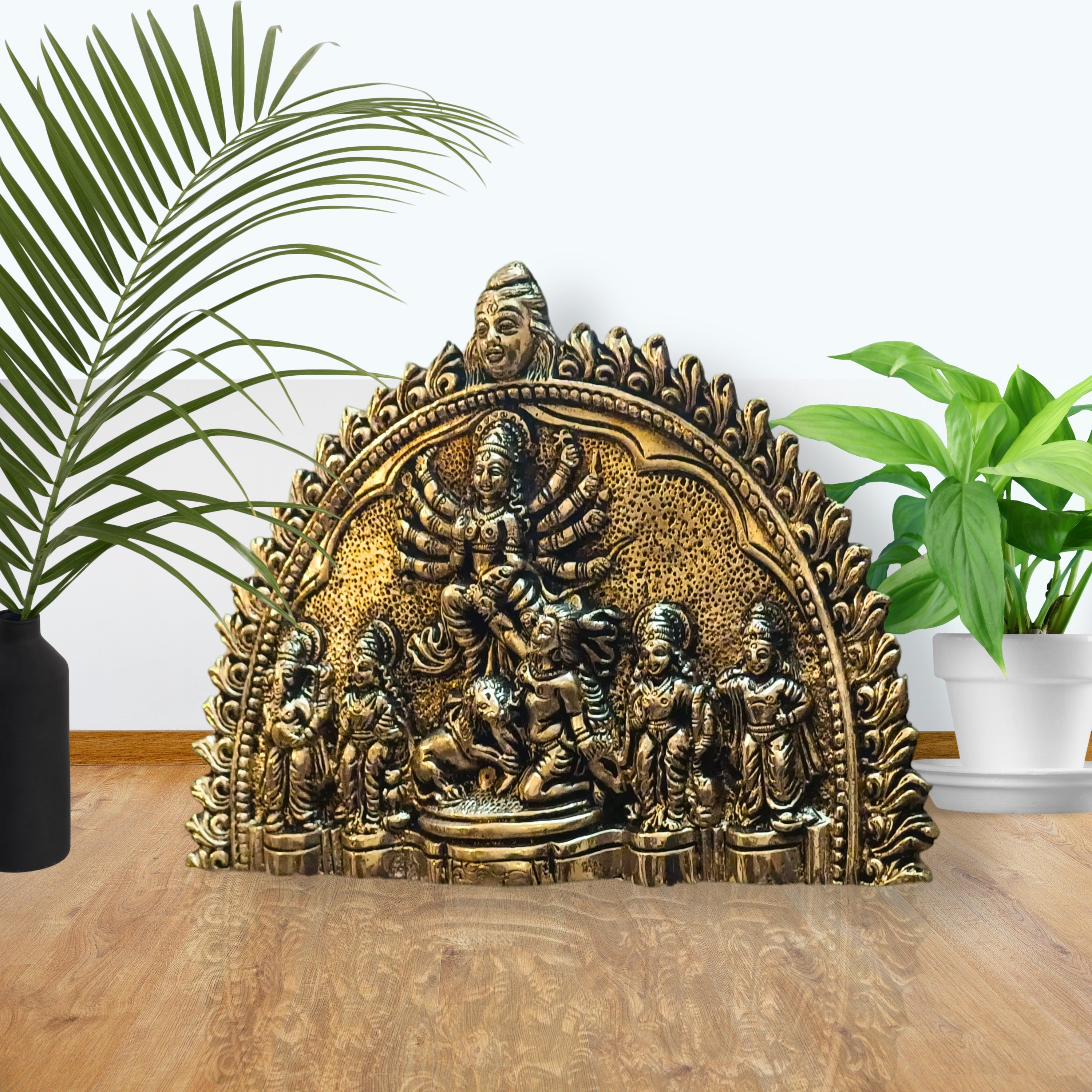 Brass Durga Maa Wall Hanging | Bengali Dashabhuja Style With Lion, Mahishasura, Ganesh, Kartikeya, Lakshmi & Saraswati | Handcrafted for Home & Temple Decor