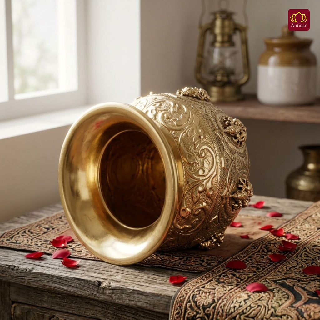 Brass Ashta Lakshmi Kalash - 12cm | Antique Yellow Finish | Spritual use for Pooja, Temple & Festival Decor