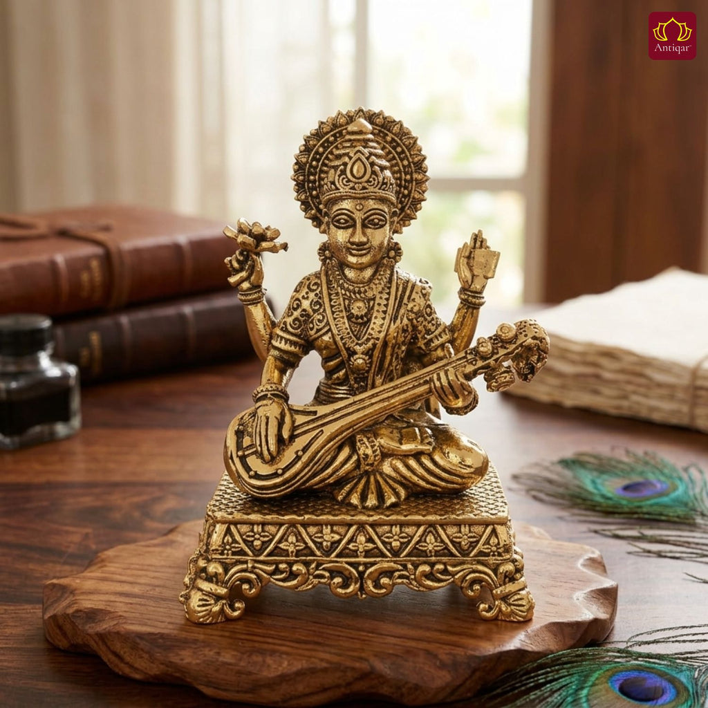 Brass Saraswati Ji Idol - 7cm | Antique Golden Finish | Spritual use for Home, Temple & Car dashboard Decor