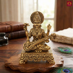Brass Saraswati Ji Idol - 7cm | Antique Golden Finish | Spritual use for Home, Temple & Car dashboard Decor