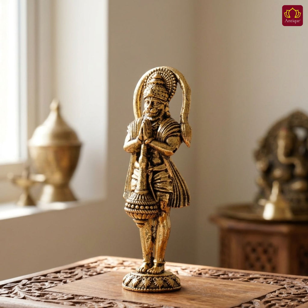 Brass Standing Hanuman Ji Idol - 7.5cm | Golden Finish | Handcrafted Statue for Temple, Home Decor & Car Dashboard