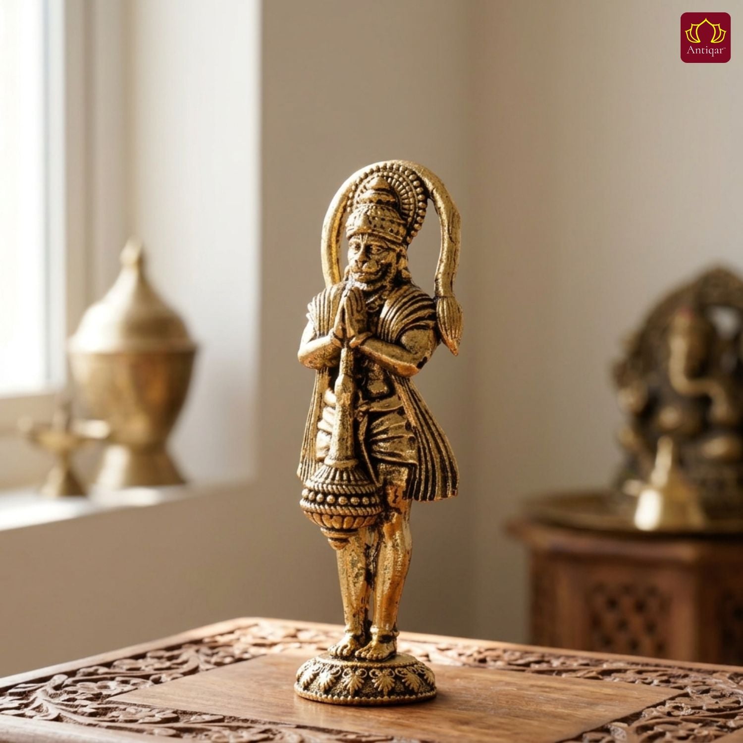 Brass Standing Hanuman Ji Idol - 7.5cm | Golden Finish | Handcrafted Statue for Temple, Home Decor & Car Dashboard