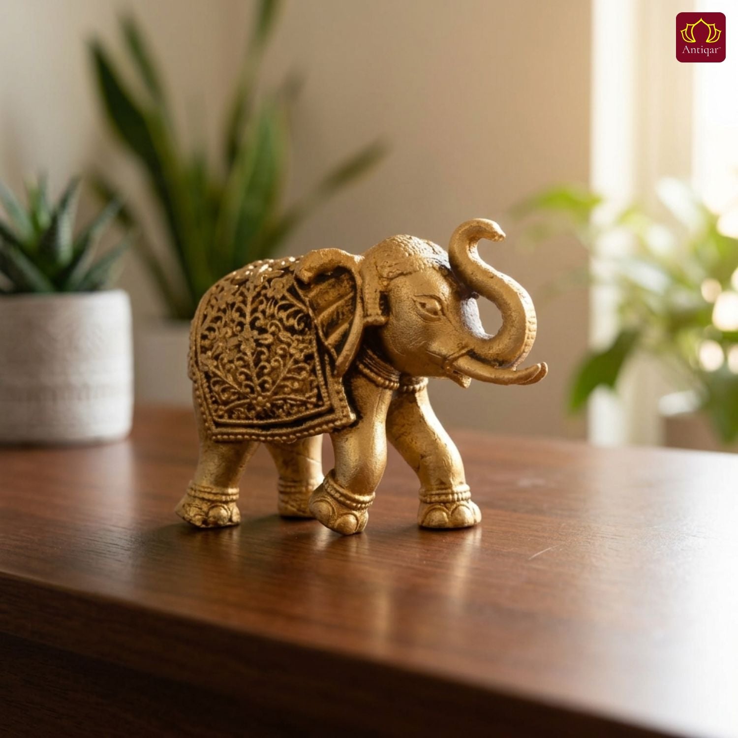 Brass Elephant Showpiece in Vintage Design - 4cm | Antique Golden Finish | Decorative Figurines for Temple, Home & Office
