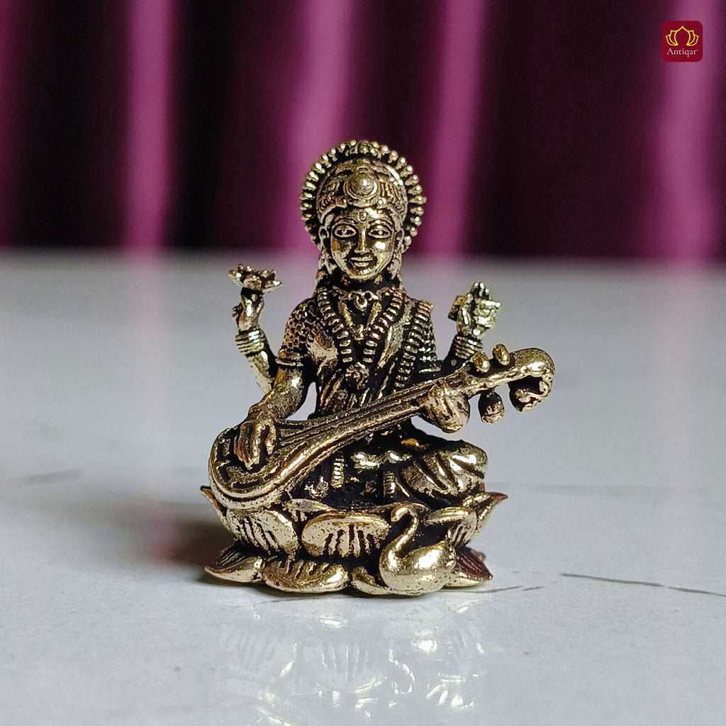 Brass Miniature Saraswati Ji Idol - 3cm | Antique Finish | Spritual use for Home, Temple & Car Dashboard Decor