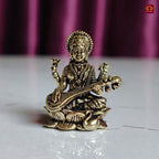Brass Miniature Saraswati Ji Idol - 3cm | Antique Finish | Spritual use for Home, Temple & Car Dashboard Decor
