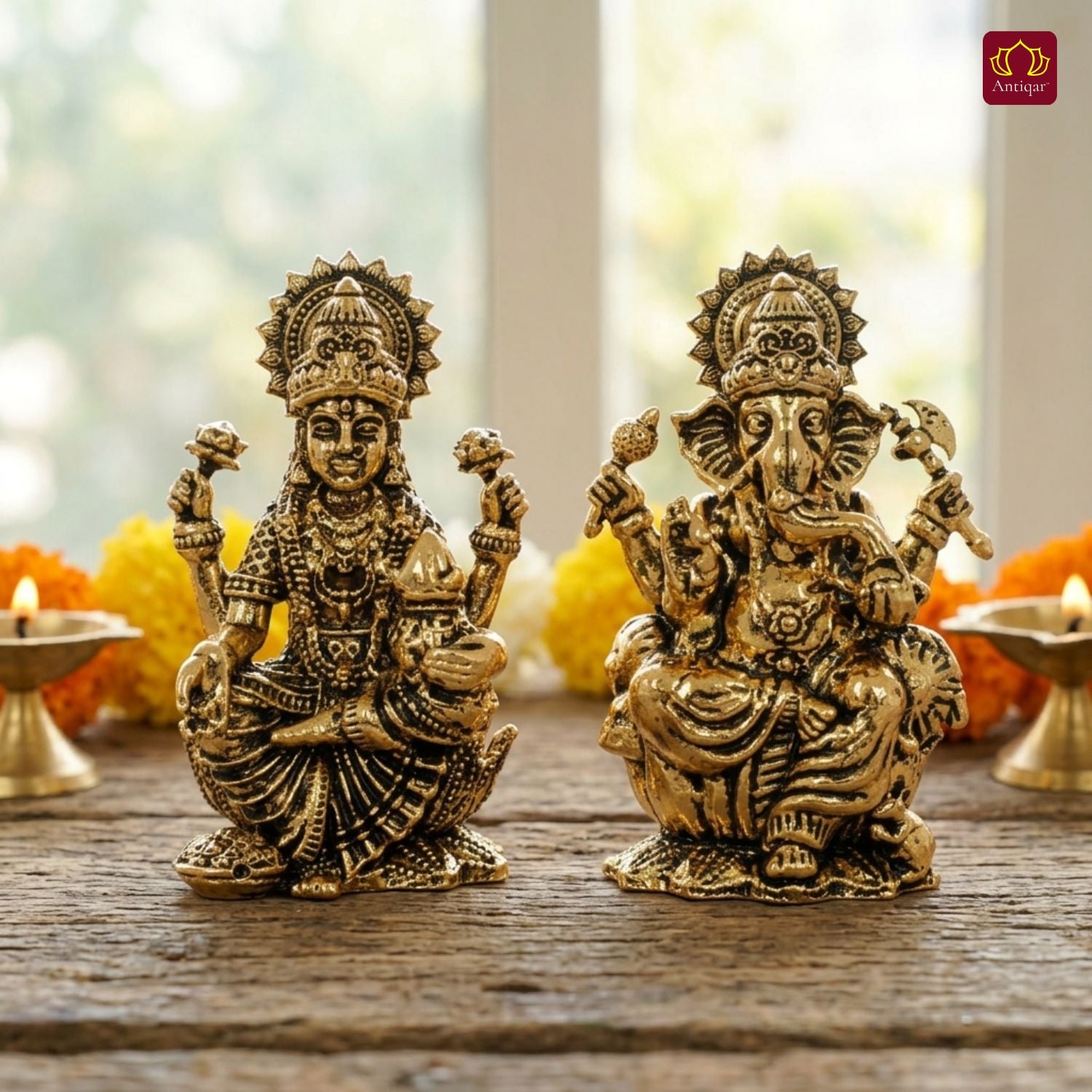 Brass Ganesh Laxmi Pair Idol - 5 cm | Golden Finish | Spiritual Idol for Temple & Home Decor