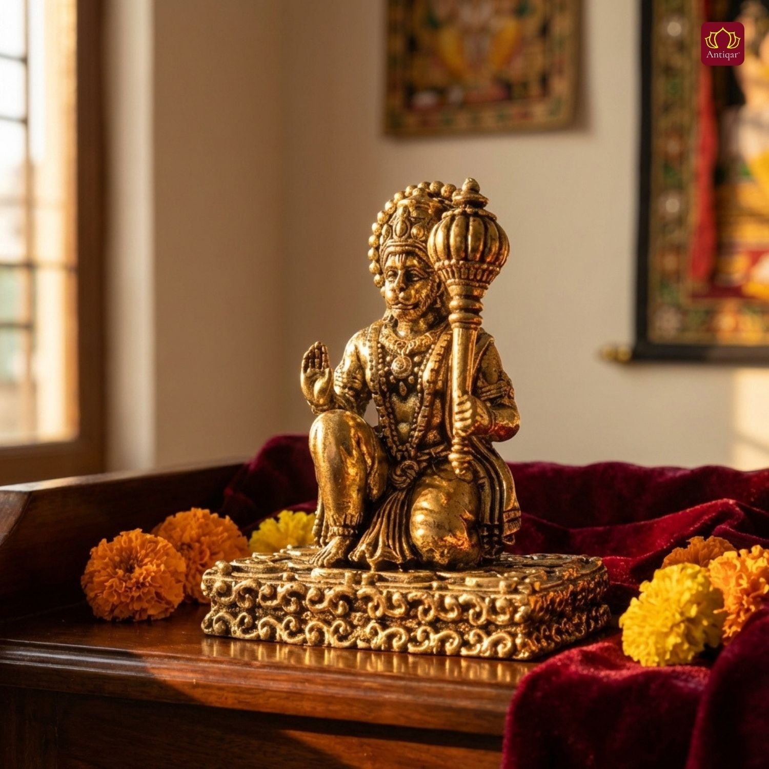 Brass Vintage Base Sitting Hanuman Ji Idol – 6.5cm | Antique Finish | Spiritual Idol for Temple, Home & Car Dashboard Decor