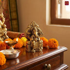 Brass Ganesh Ji Idol - 5cm | Sitting on Singhasan | Antique Golden Finish | Spiritual Idol for Temple & Home Decor