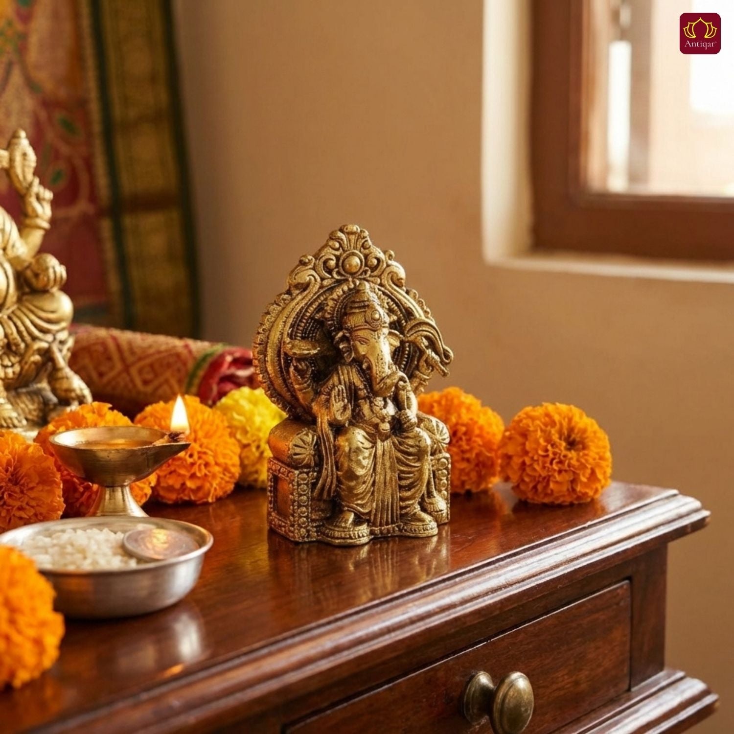 Brass Ganesh Ji Idol - 5cm | Sitting on Singhasan | Antique Golden Finish | Spiritual Idol for Temple & Home Decor