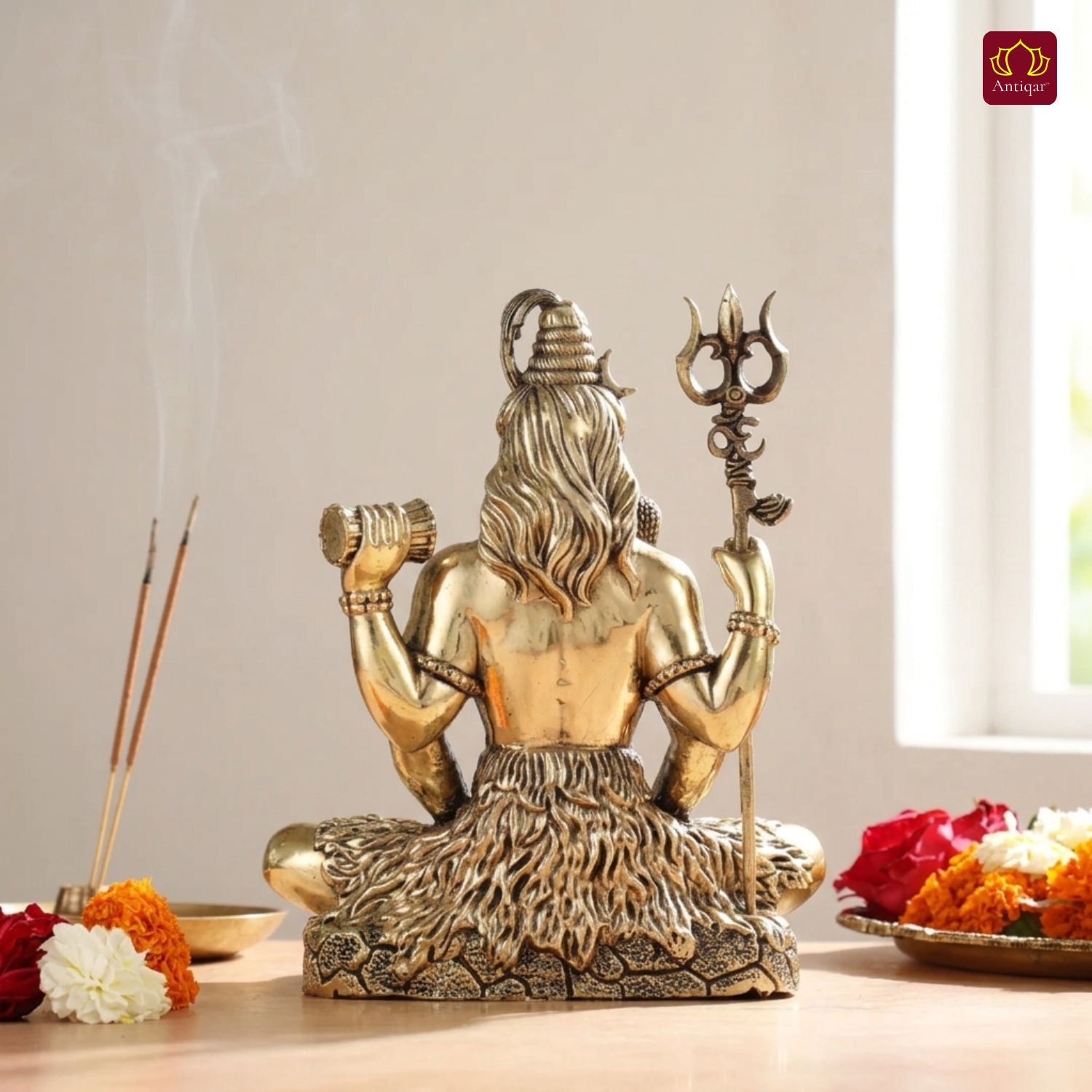 Brass Shiv Ji Idol - 10 cm | Antique Finish with Trisul | Spiritual use for Temple, Home & Car Decor