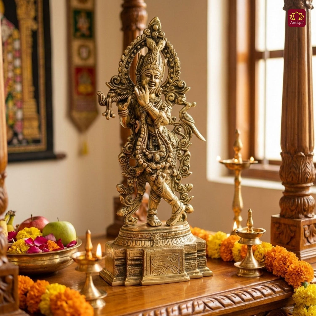 Antiqar Lord Krishna Playing Flute | Antique Brass Statue | Handcrafted Artwork | Home & Office Décor | Ideal for Gifting & Spiritual Blessings