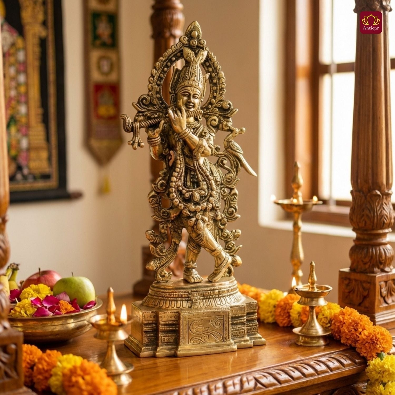 Antiqar Lord Krishna Playing Flute | Antique Brass Statue | Handcrafted Artwork | Home & Office Décor | Ideal for Gifting & Spiritual Blessings