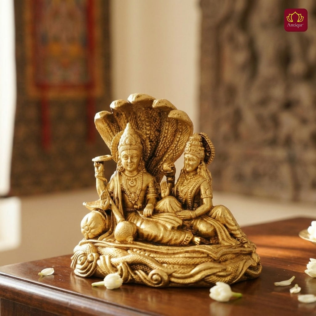 Brass Lakshmi Narayan Idol - 5cm  | Antique Golden Finish | Spiritual Idol for Temple, Home & Car Dashboard Decor
