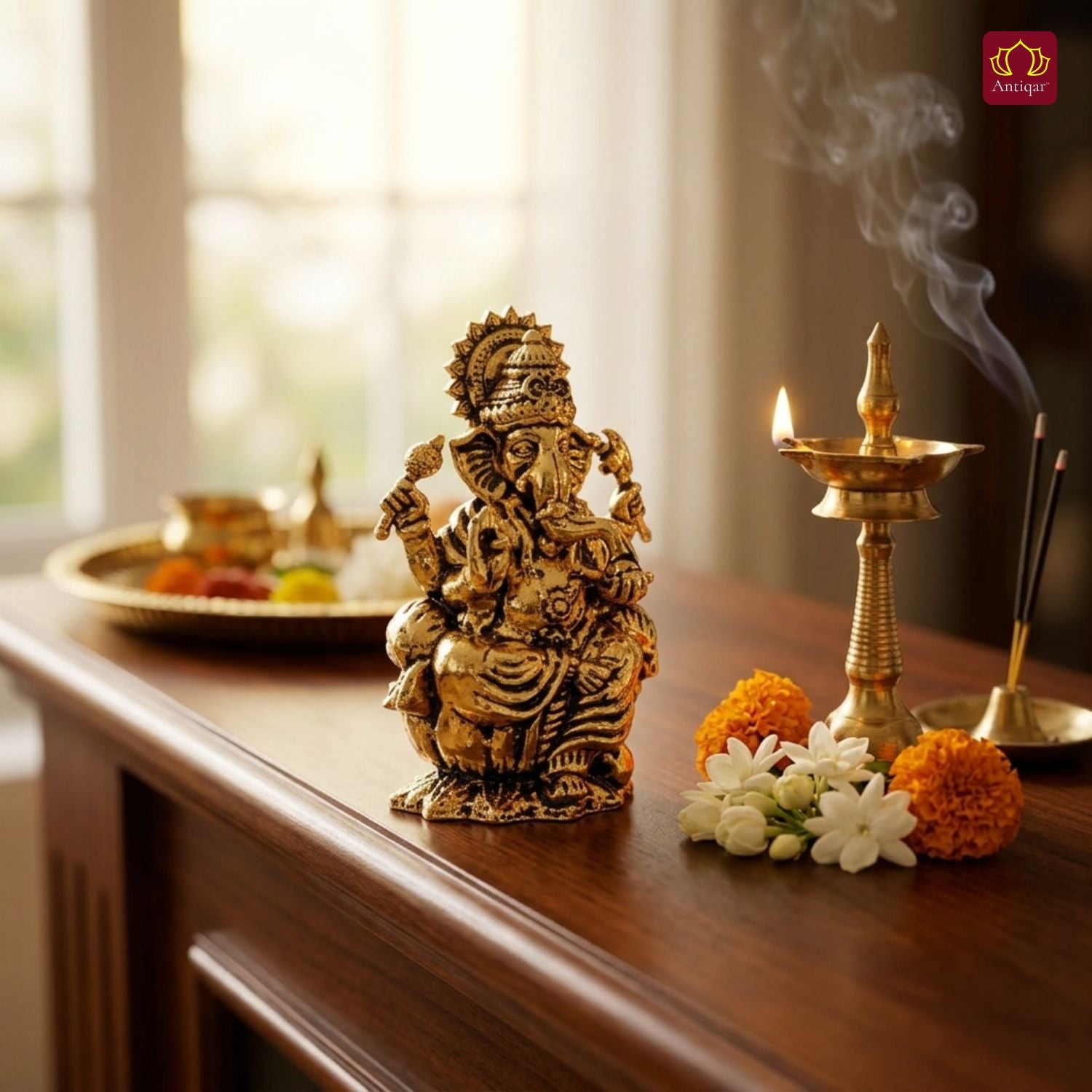 Brass Ganesh JI Idol - 4cm | Golden Finish | Spiritual Decor for Temple, Home & Car Dashboard