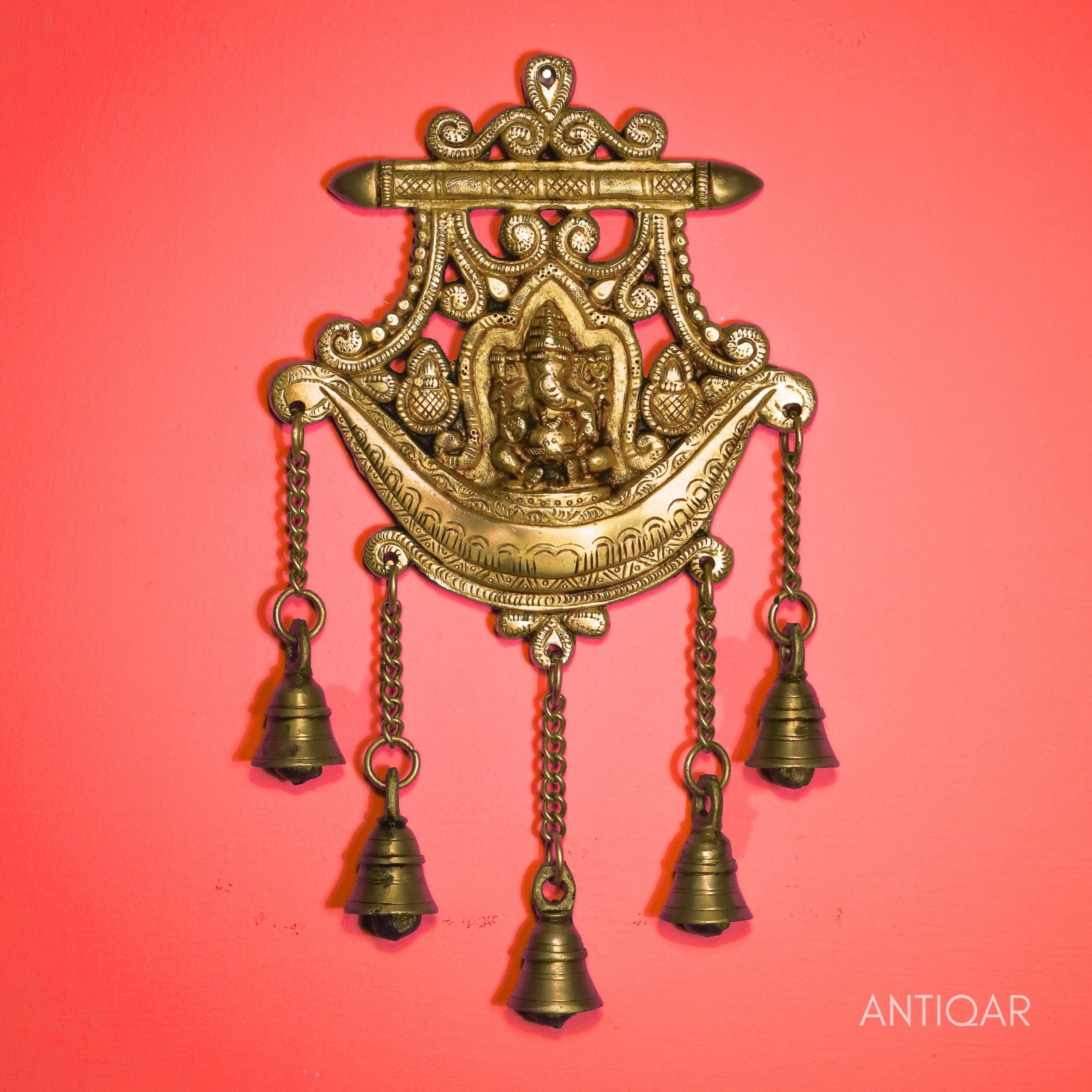 Brass Ganesha Wall Hanging – 32 cm | With Five Bells & Carved Background | Antique Golden Finish | Handcrafted Showpiece for Temple, Home & Wall Decor